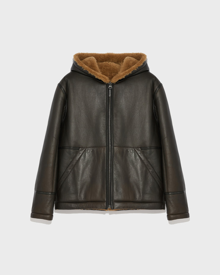 Black Friday - Yves Salomon - Reversible hooded shearling jacket - brown - front view
