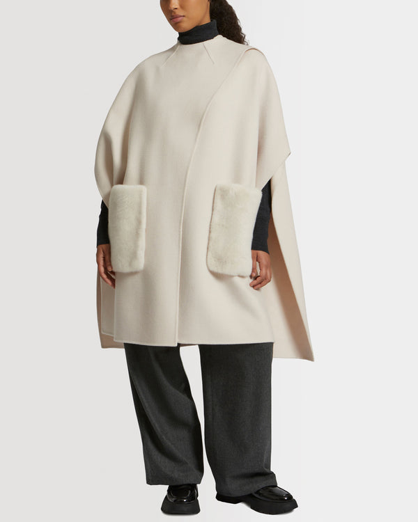 Cashmere wool cape with over-pockets in mink fur
