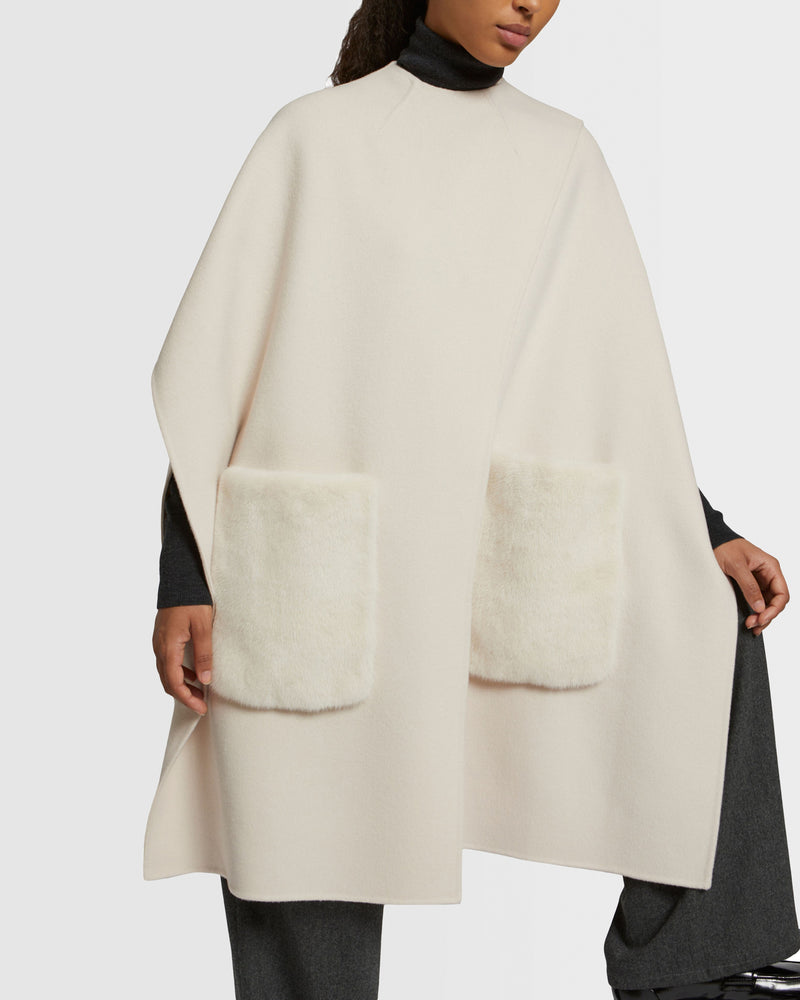 Cashmere wool cape with over-pockets in mink fur