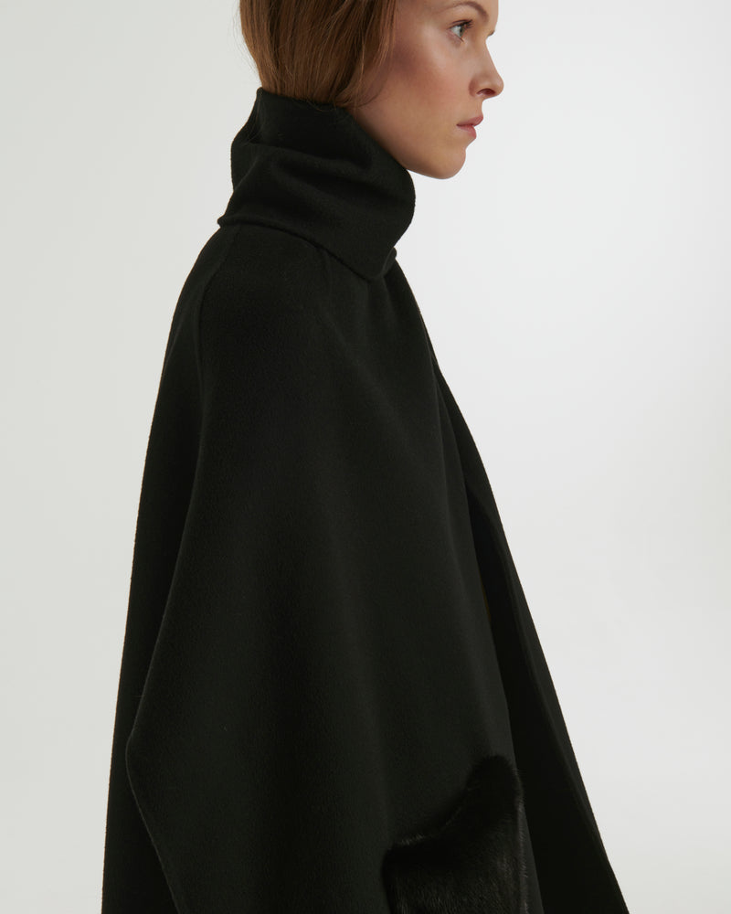 Cashmere wool cape with over-pockets in mink fur - black - Yves Salomon