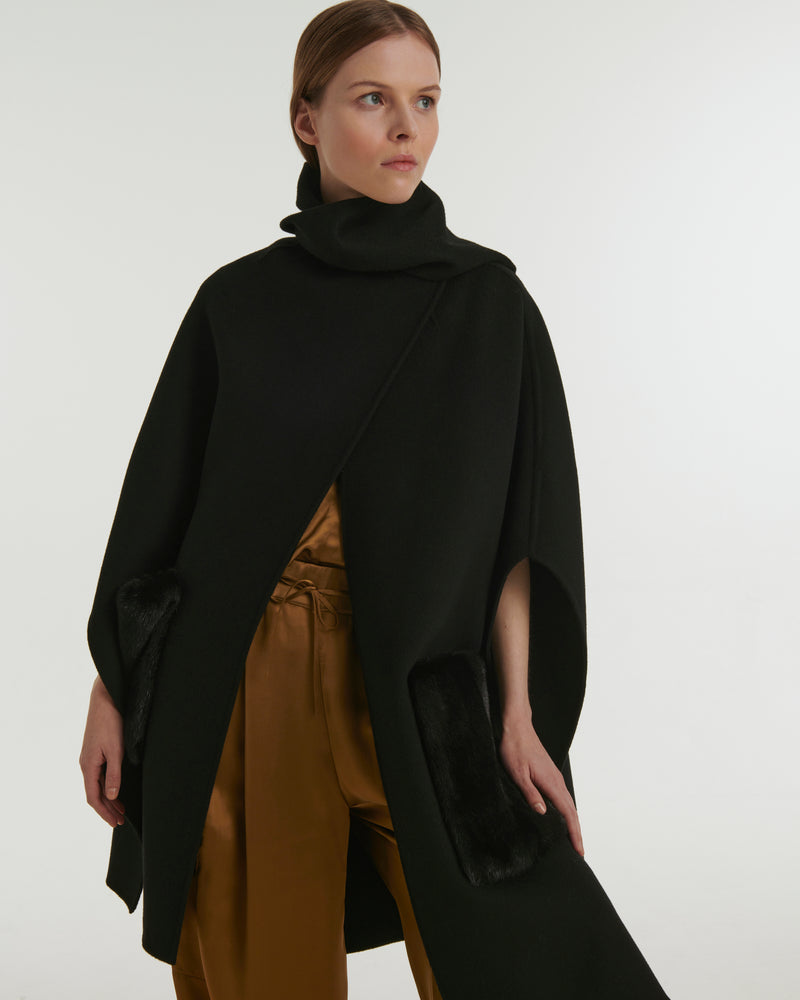 Cashmere wool cape with over-pockets in mink fur - black - Yves Salomon