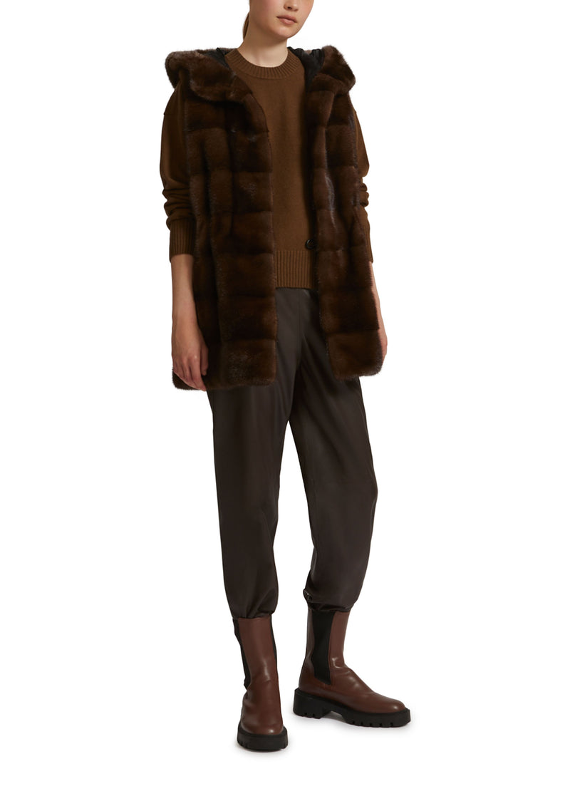 Hooded gilet in long-haired mink fur