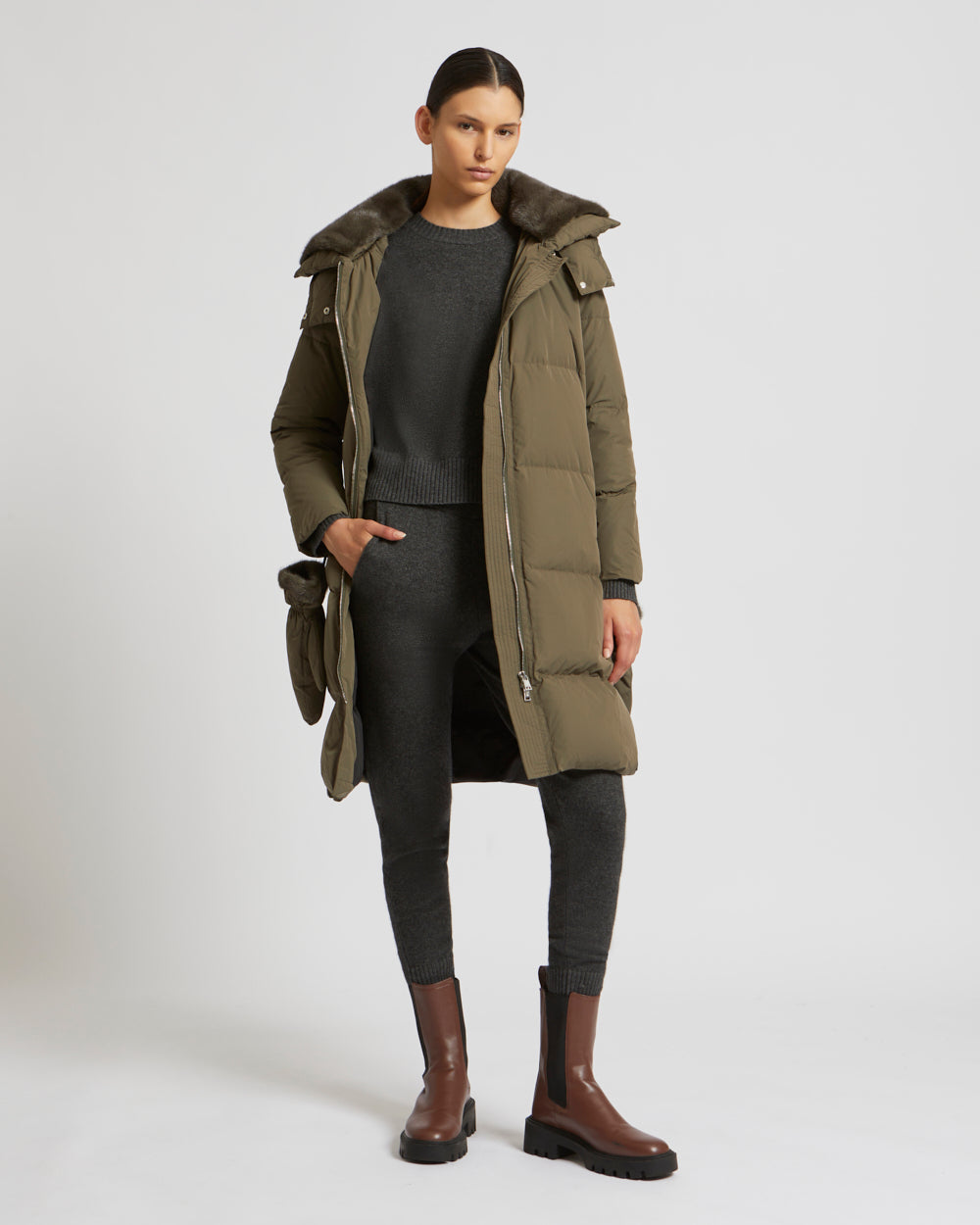 Long down jacket in waterproof technical fabric with mink fur collar