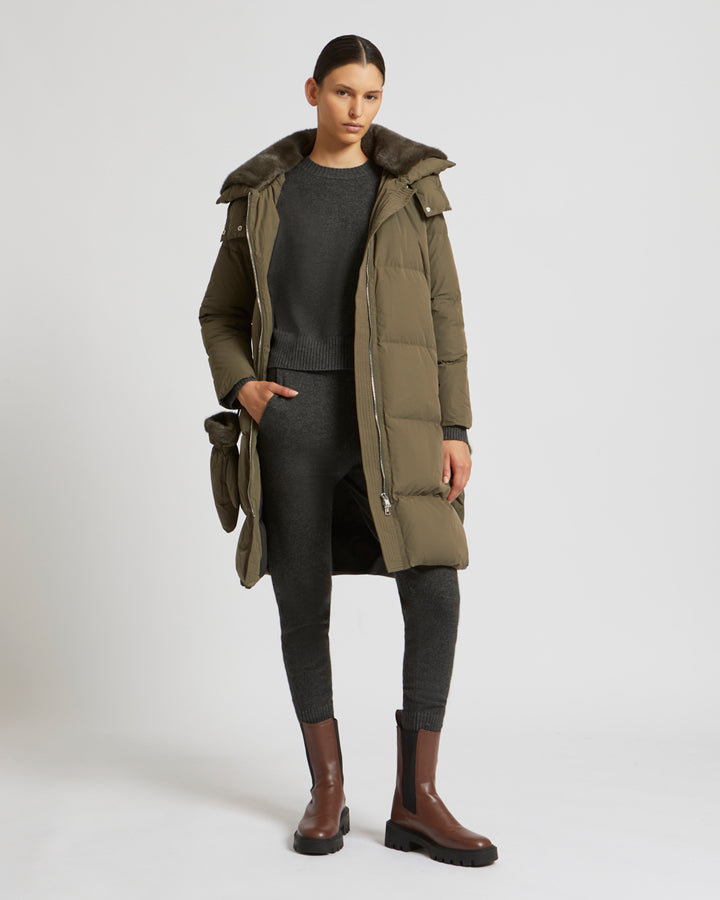 Long down jacket in waterproof technical fabric with mink fur collar