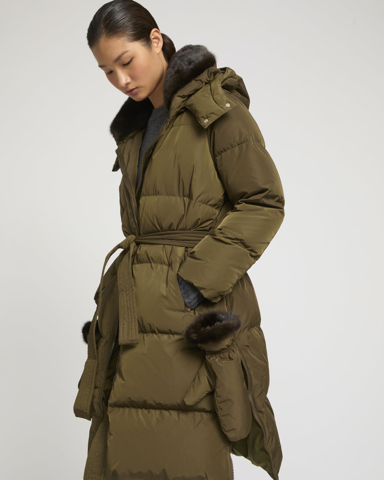 Long belted down jacket in technical fabric -Yves Salomon