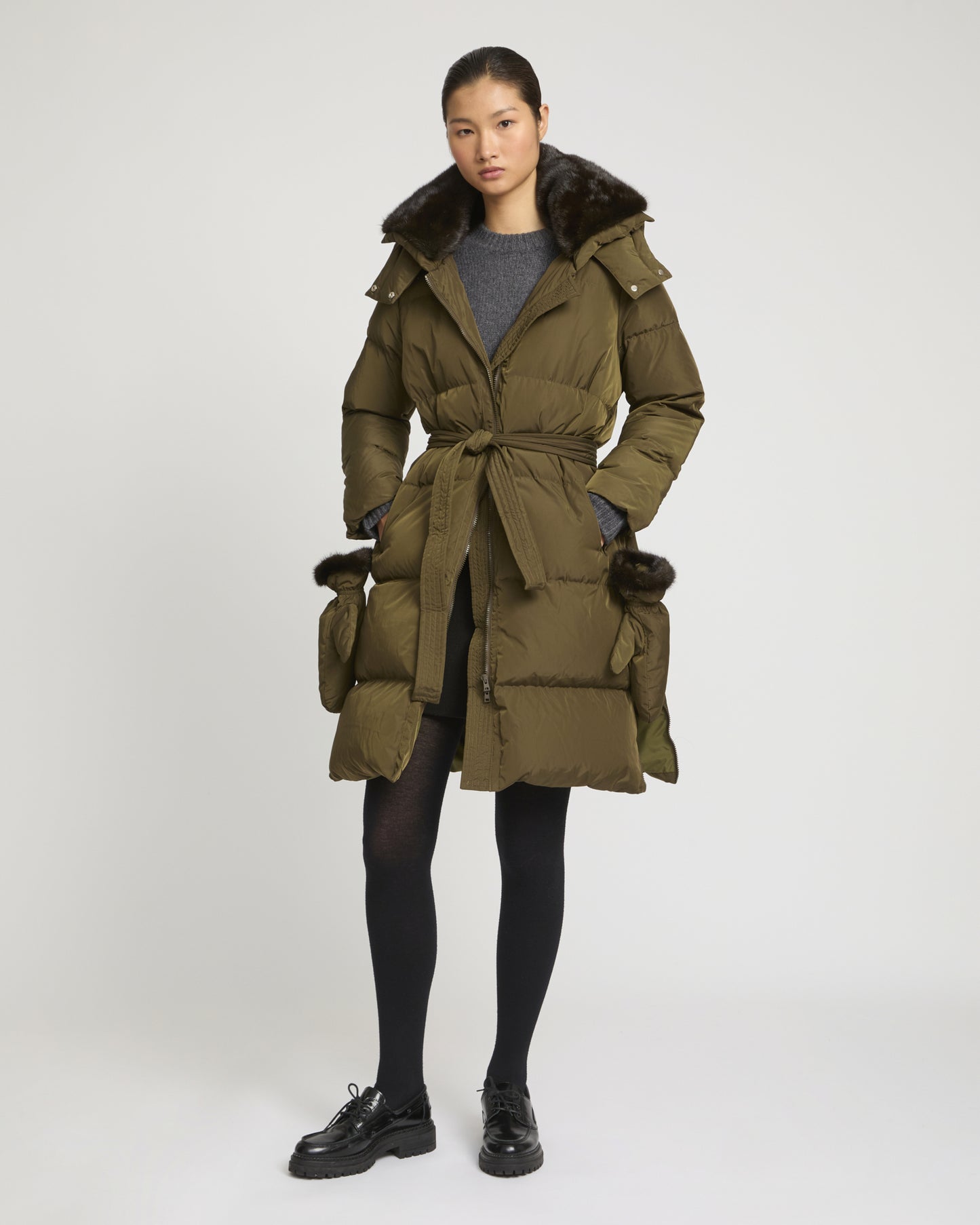 Long belted down jacket in technical fabric -Yves Salomon