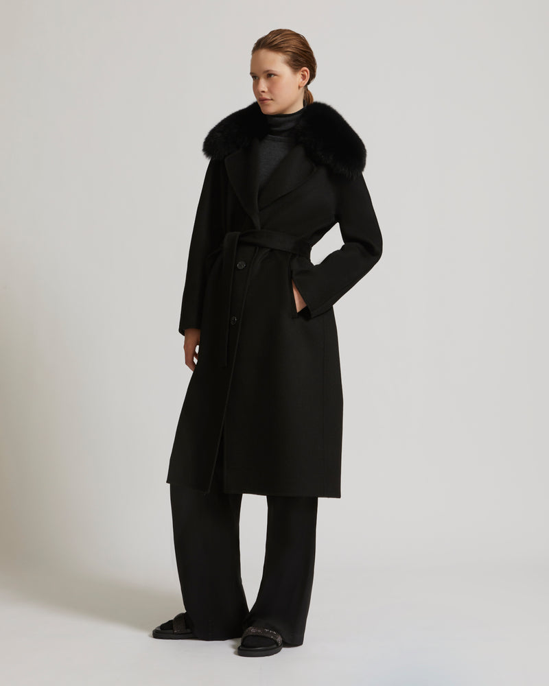 Belted coat in cashmere wool with fox fur collar - black - Yves Salomon
