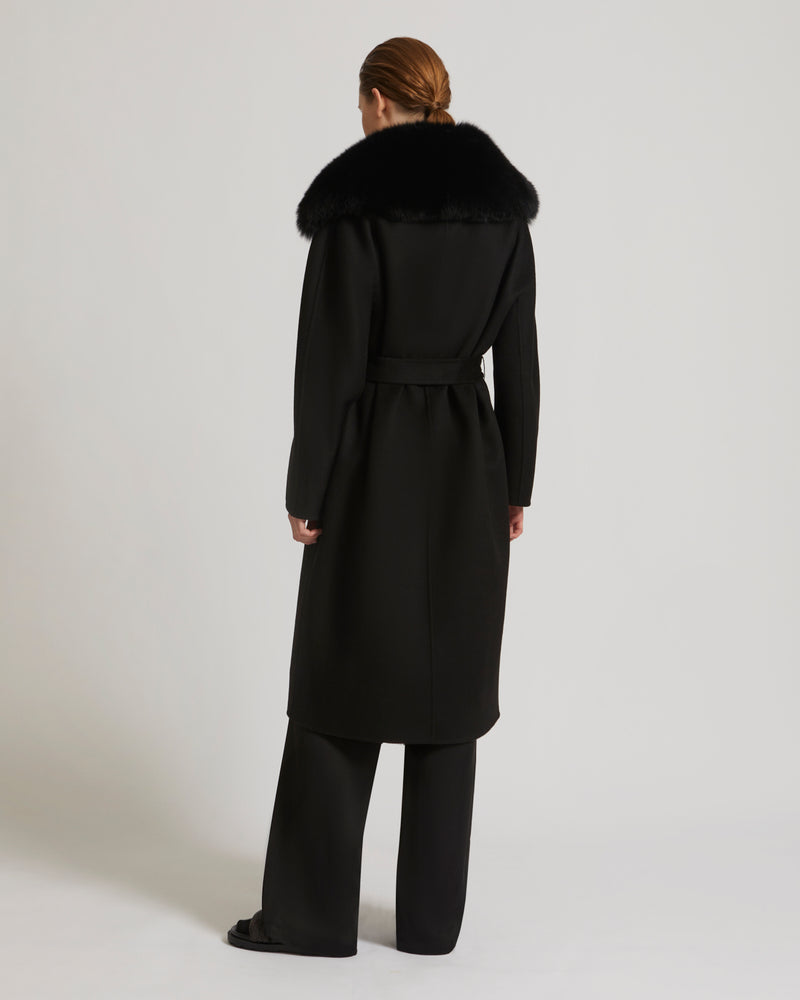 Belted coat in cashmere wool with fox fur collar - black - Yves Salomon