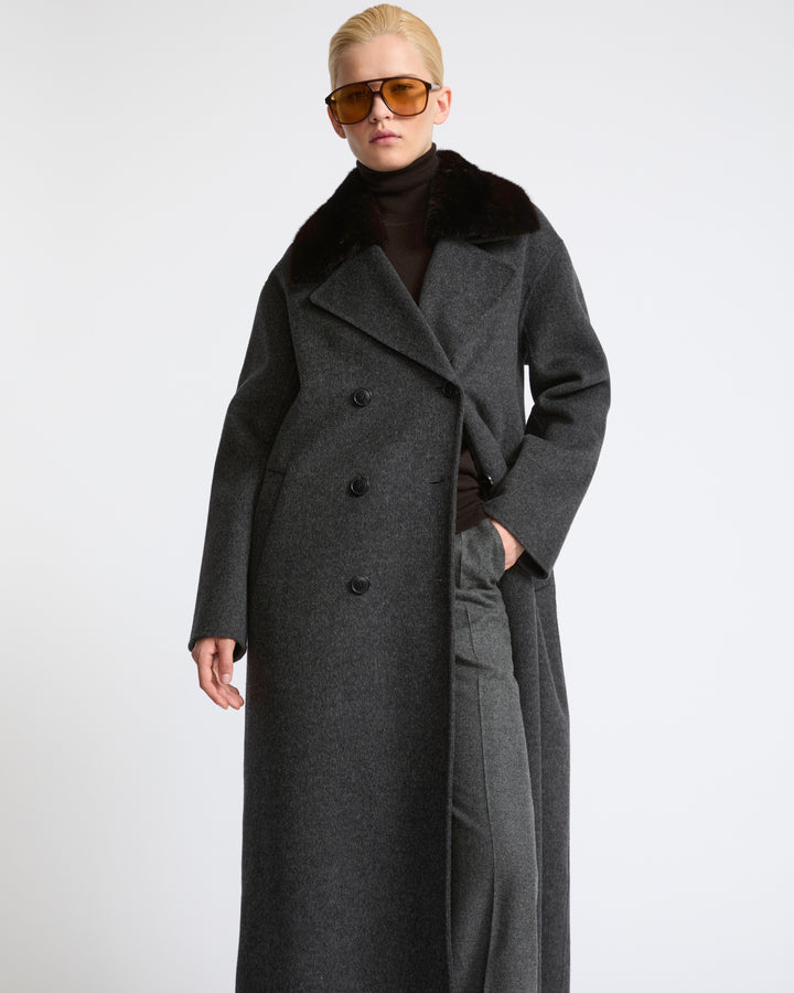 Long cashmere wool coat with mink fur collar