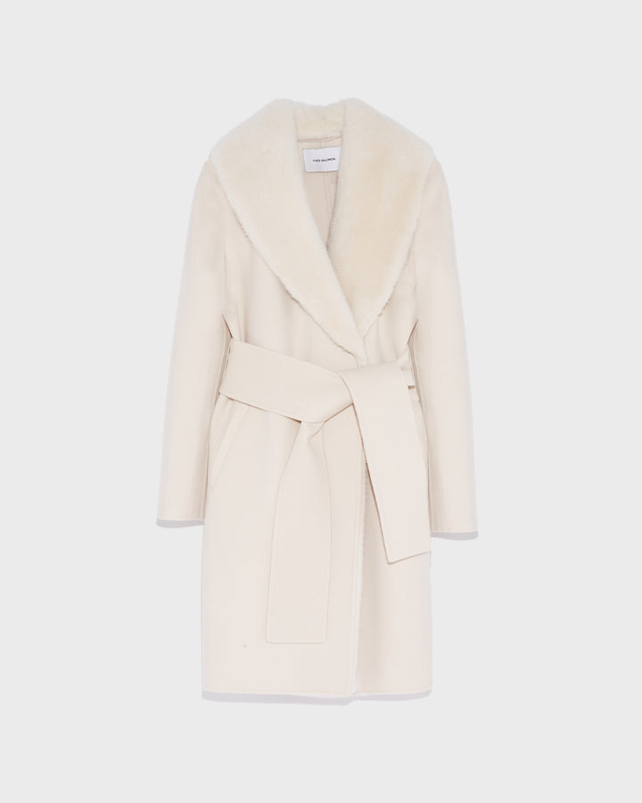 Black Friday - Yves Salomon - Cashmere wool coat with mink fur collar and facing - pinkish beige - front view