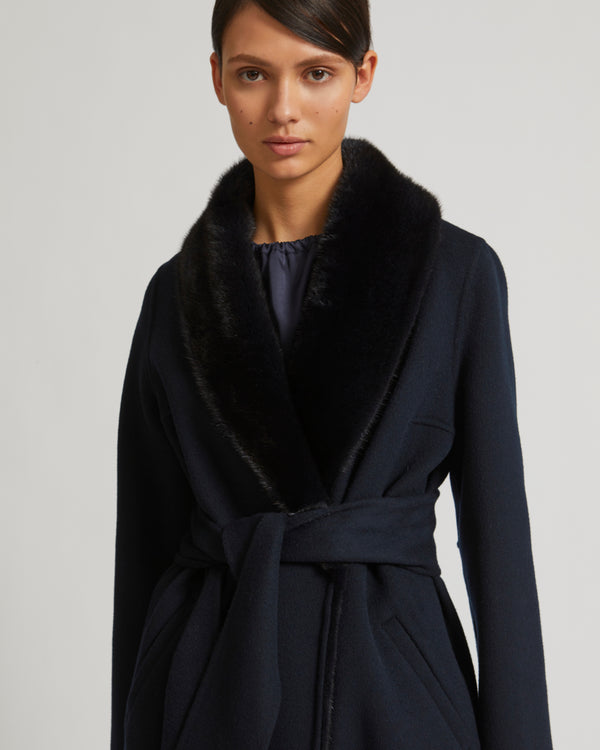 Cashmere wool coat with mink fur collar and facing - navy - Yves Salomon