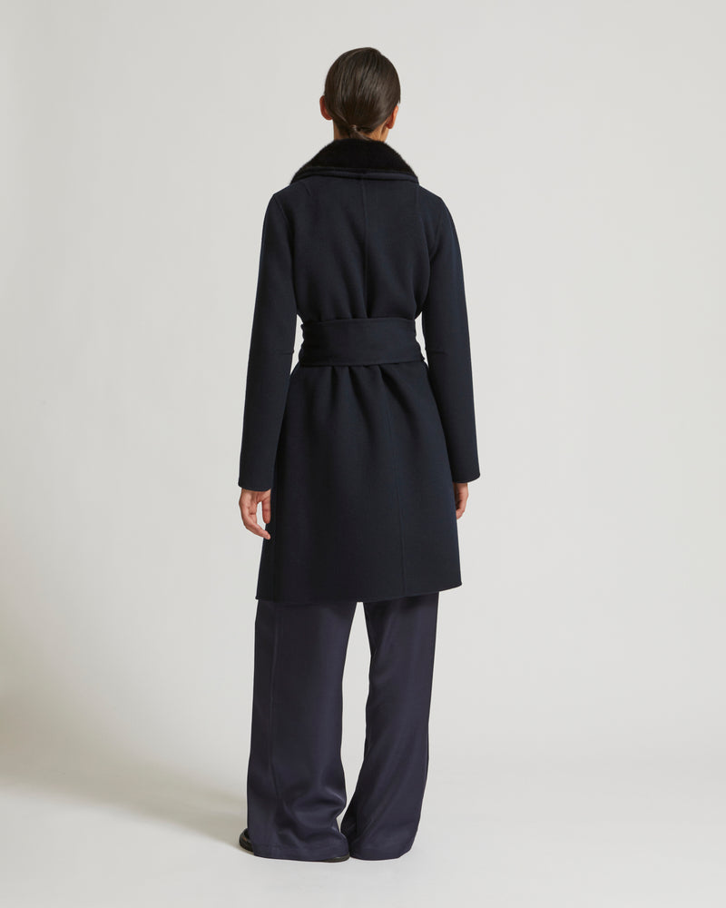 Cashmere wool coat with mink fur collar and facing - navy - Yves Salomon