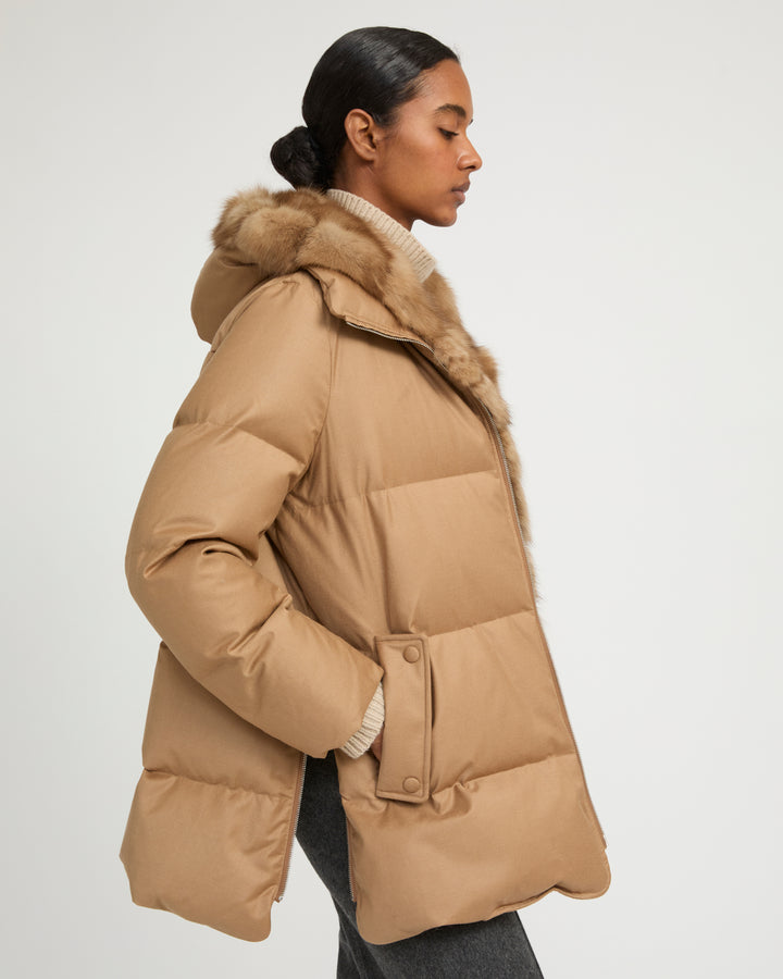 Flannel down jacket with detachable sable fur bib -Yves Salomon