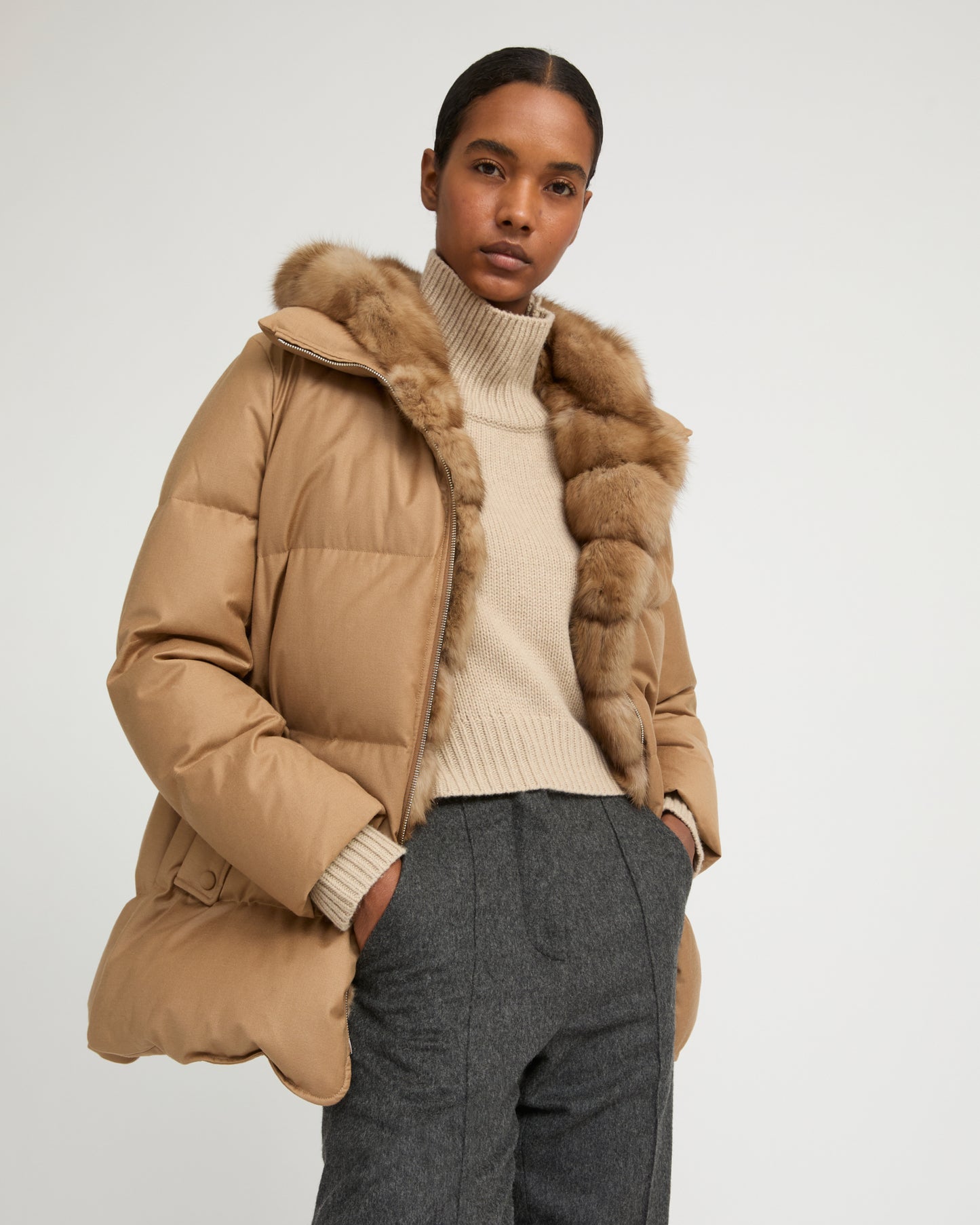 Flannel down jacket with detachable sable fur bib -Yves Salomon