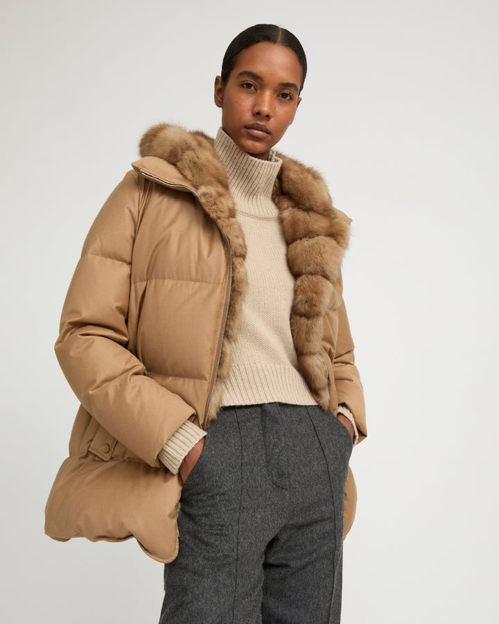 Flannel down jacket with detachable sable fur bib -Yves Salomon