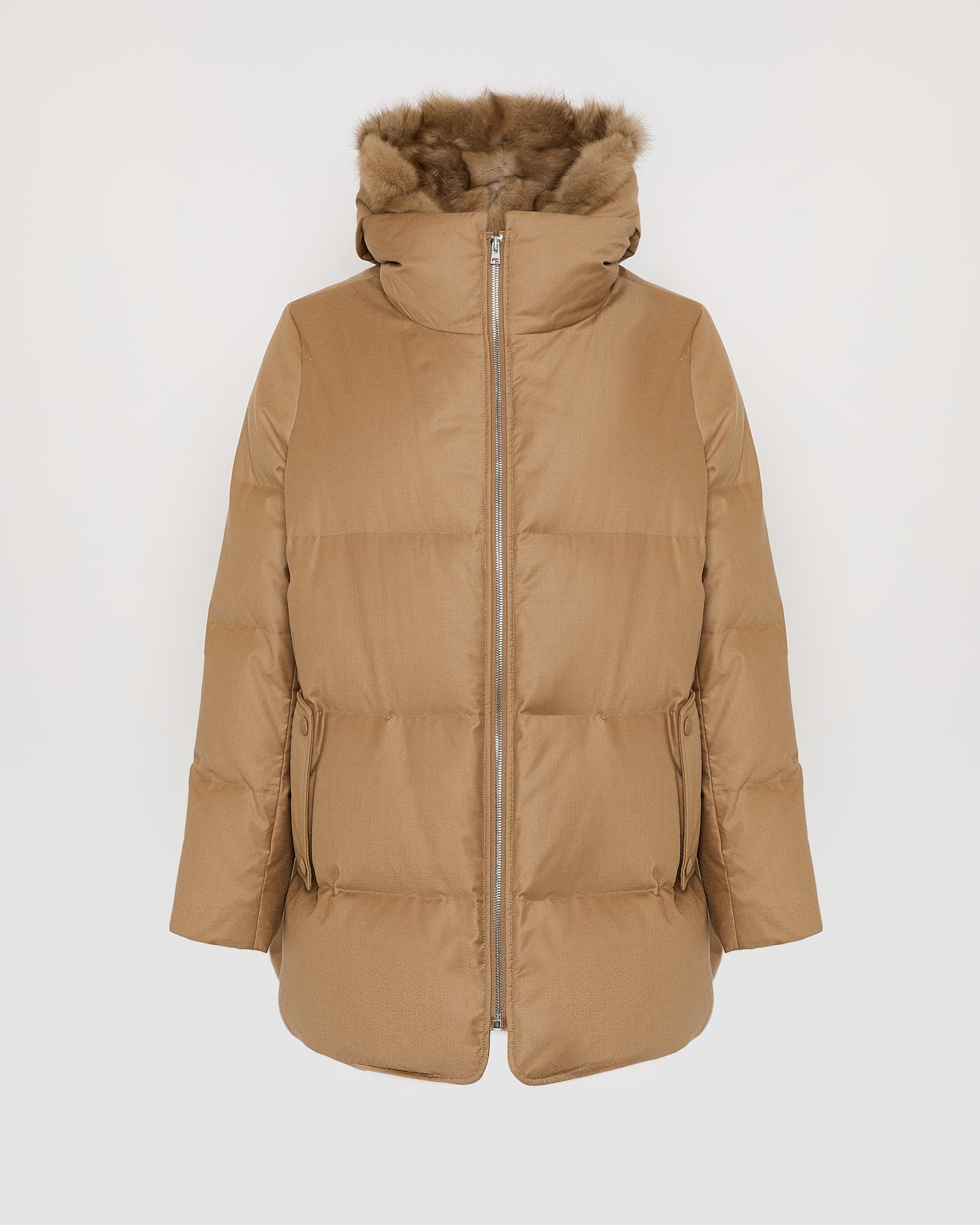 Flannel down jacket with detachable sable fur bib -Yves Salomon