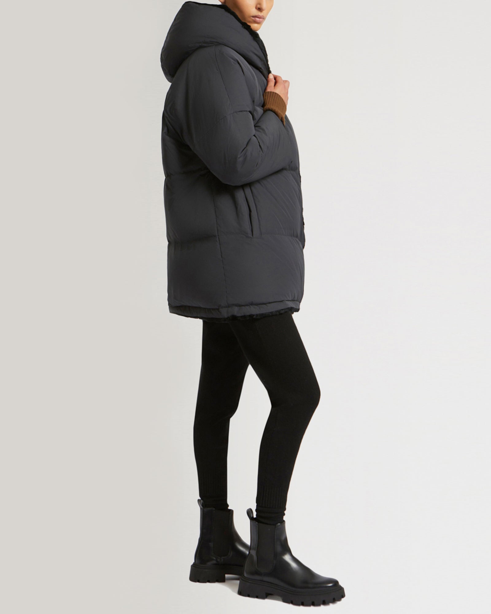 Black Friday 2025- Reversible down jacket in waterproof technical fabric and sheared rabbit-Yves Salomon-Winter sale & boxing day