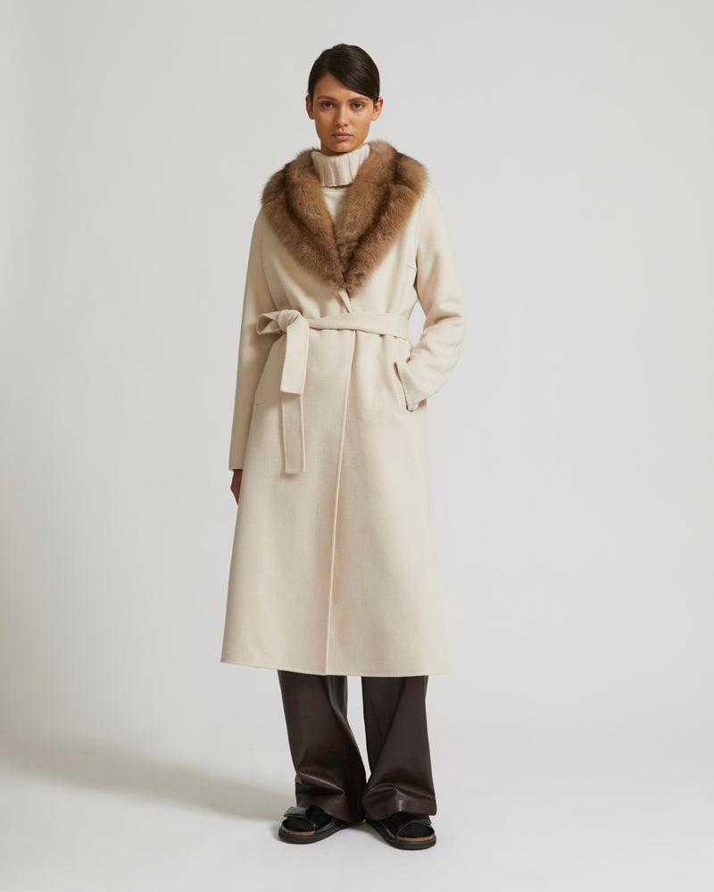 Long cashmere wool coat with sable fur collar