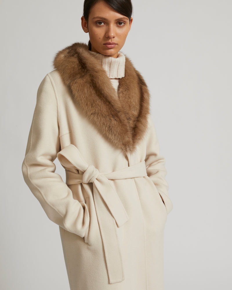 Long cashmere wool coat with sable fur collar