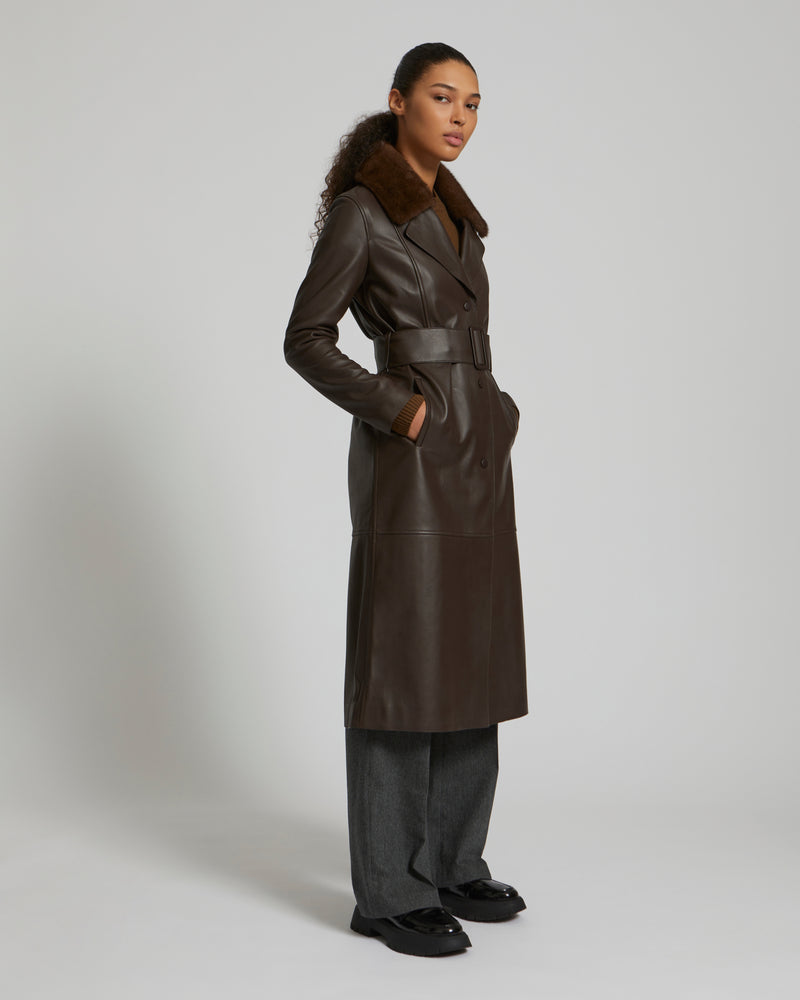 Lamb leather coat with a mink fur collar