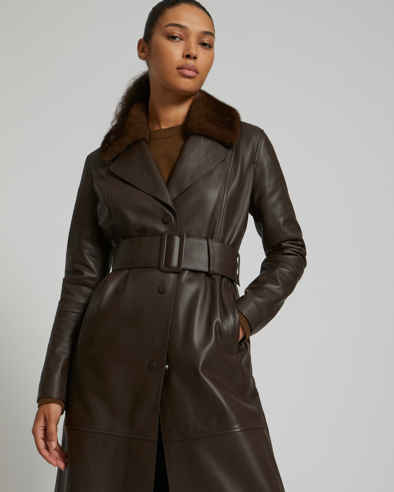 Lamb leather coat with a mink fur collar