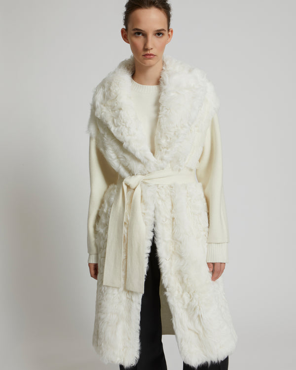Long cardigan in knit and lambskin