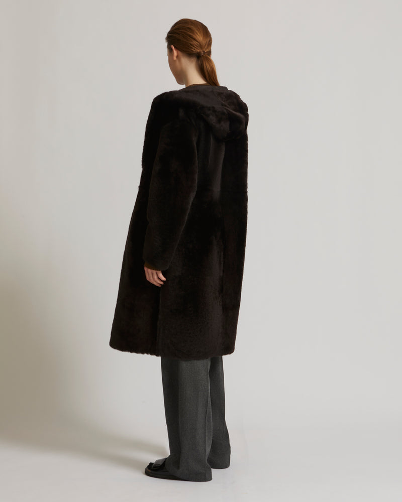 Long hooded shearling coat - brown - Yves Salomon
