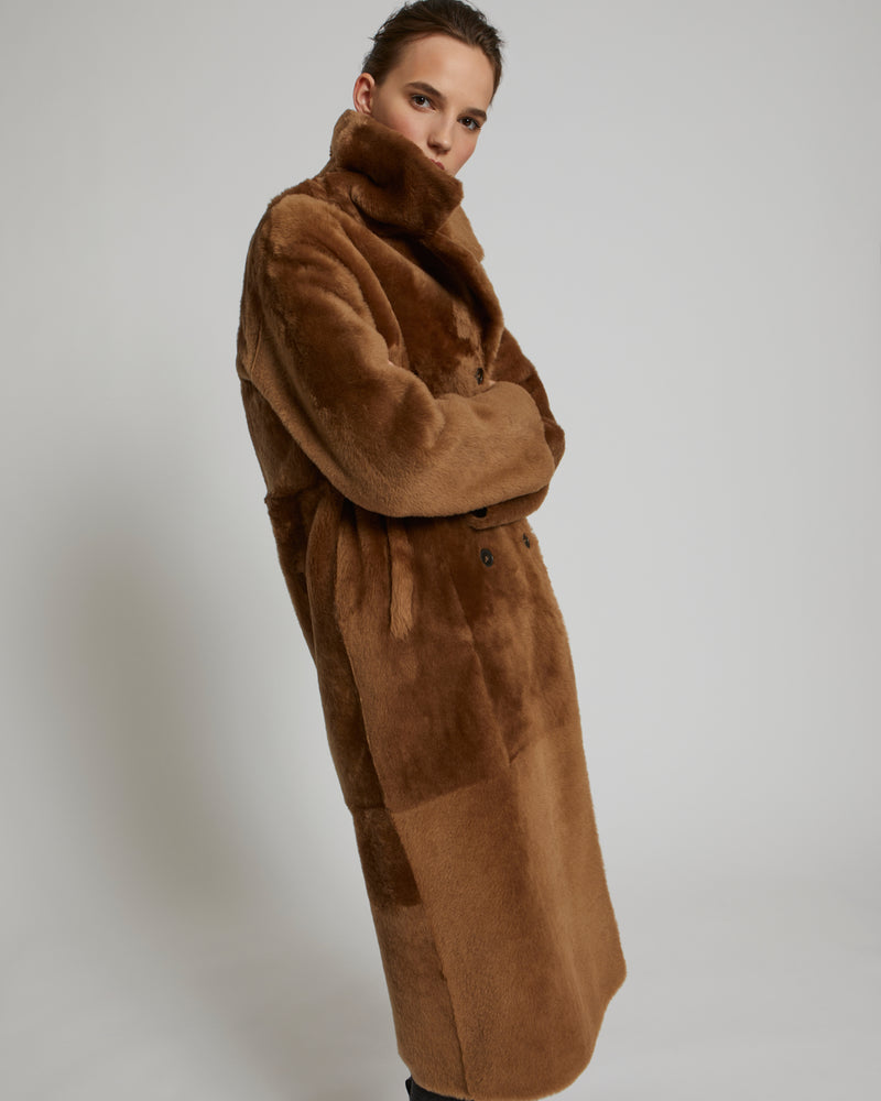 Long double-breasted shearling coat