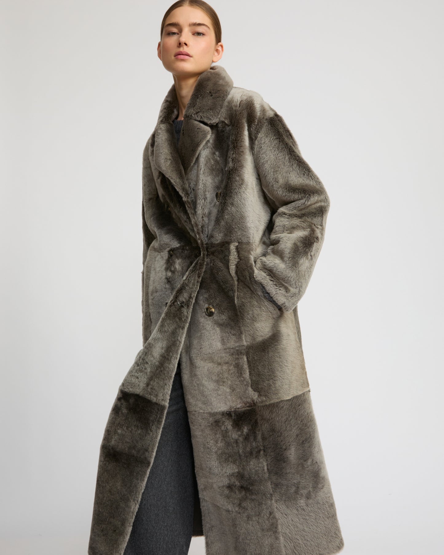 Long double-breasted shearling coat