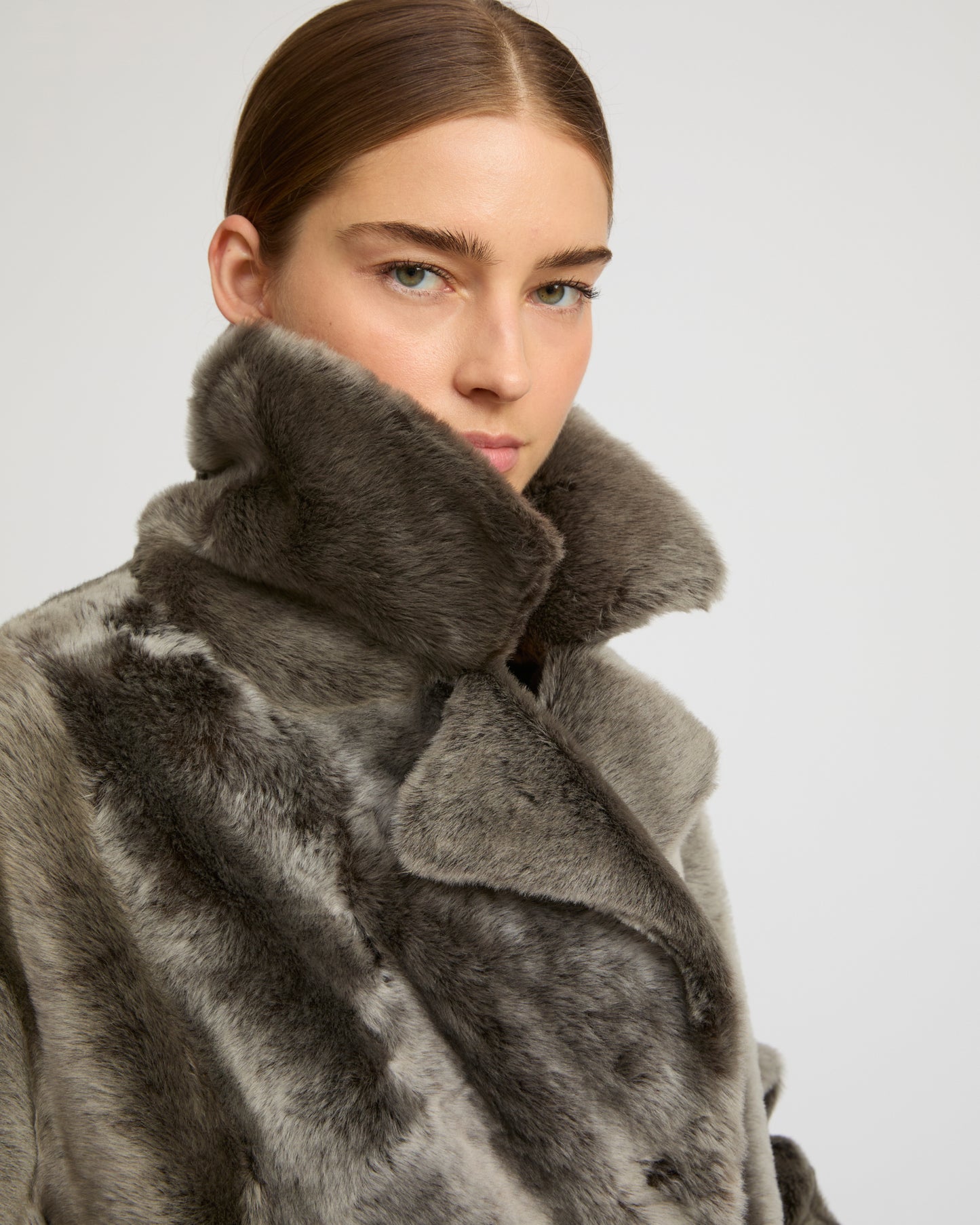 Long double-breasted shearling coat