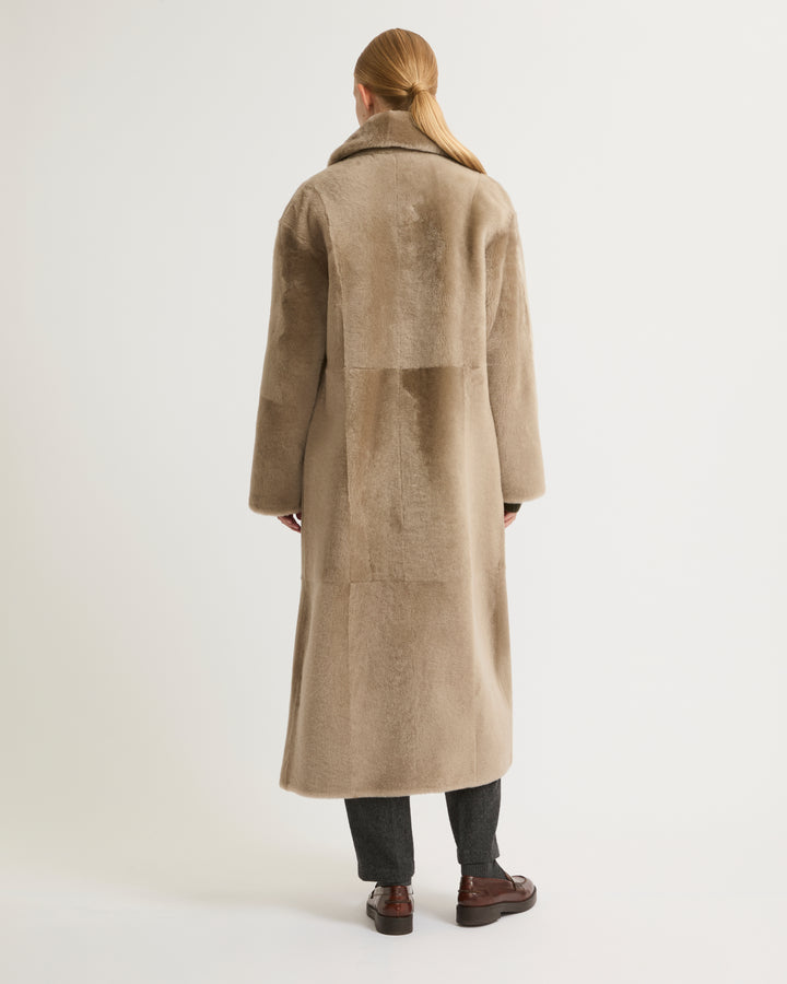 Long double-breasted shearling coat