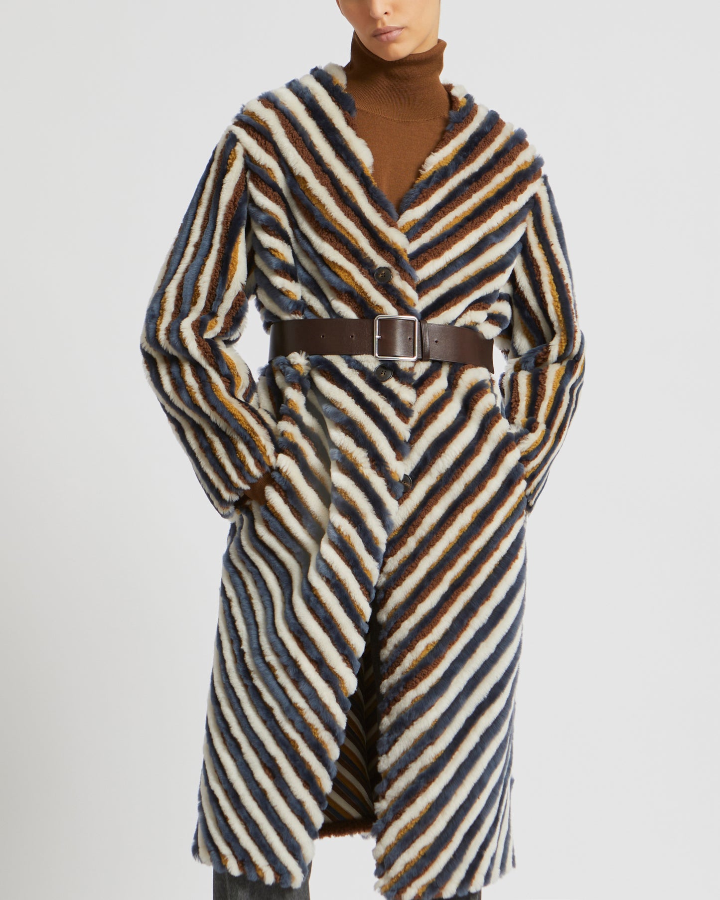 Long belted coat in merino lambskin and merinillo wool -Yves Salomon