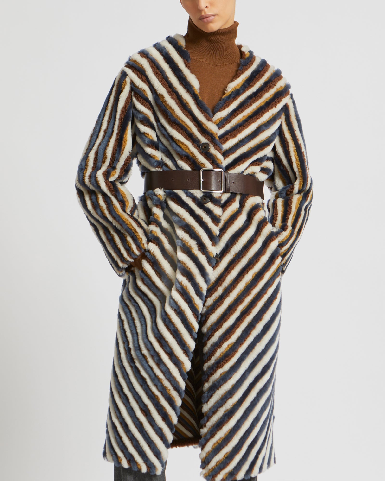 Long belted coat in merino lambskin and merinillo wool -Yves Salomon