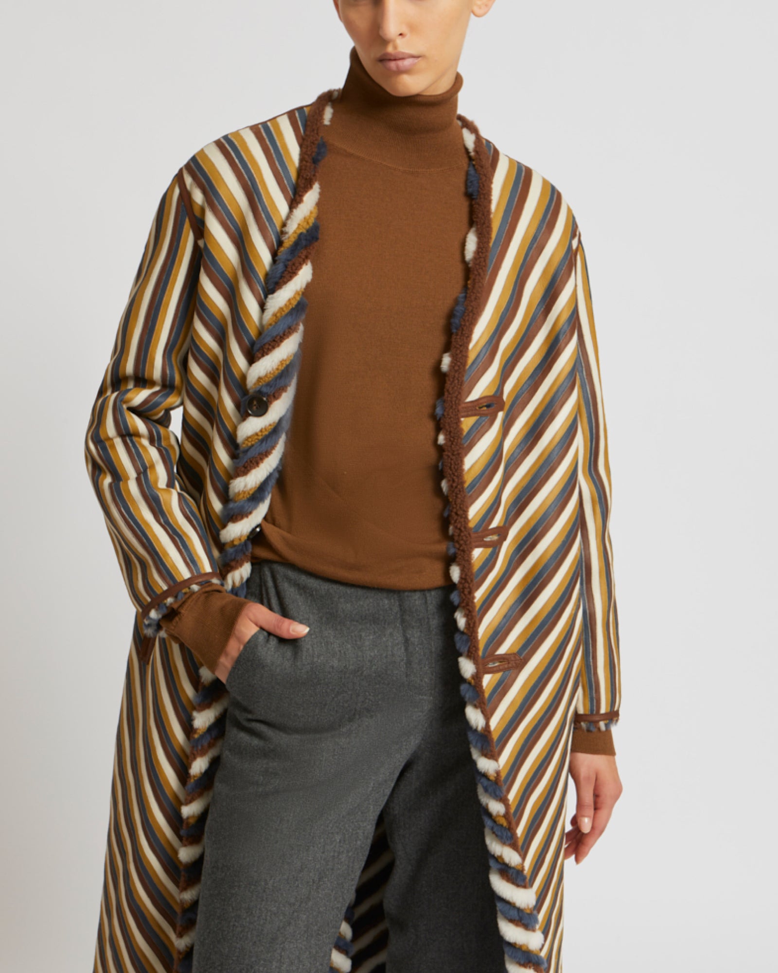 Long belted coat in merino lambskin and merinillo wool -Yves Salomon