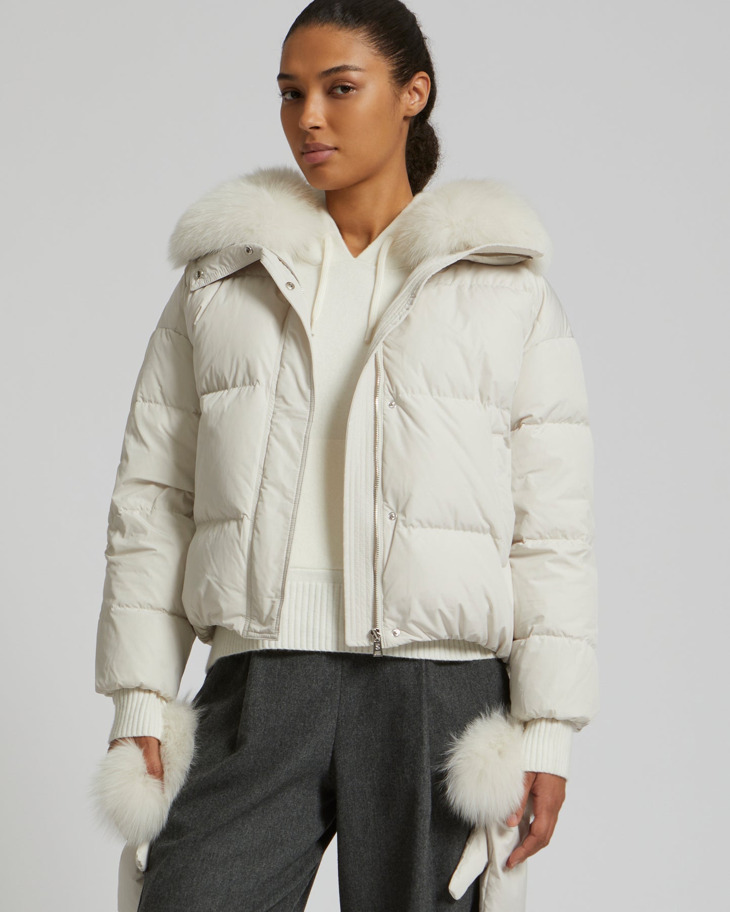 Boxy down jacket in waterproof technical fabric with fox fur collar -Yves Salomon