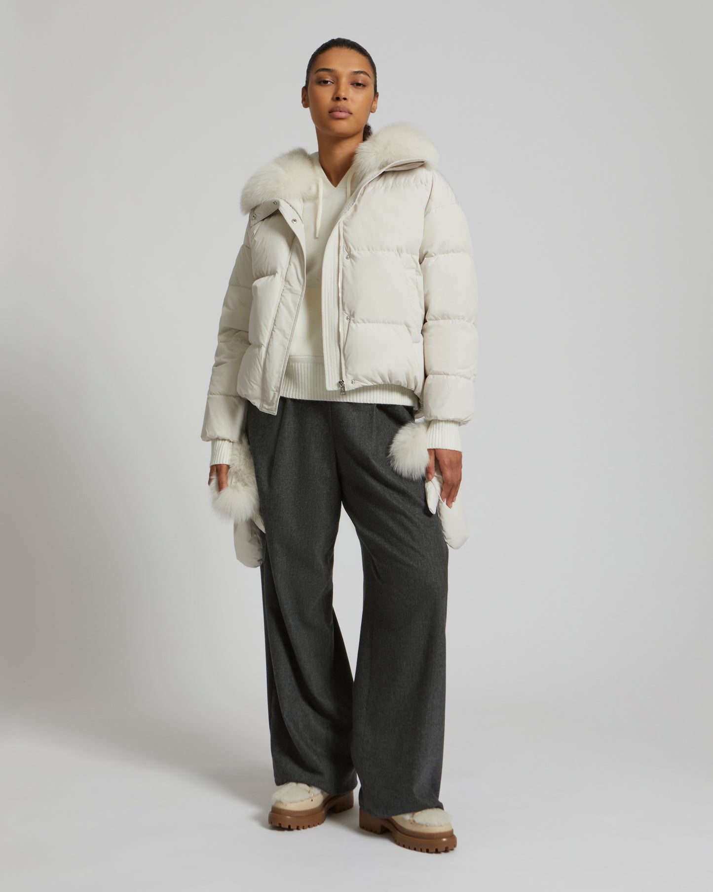 Boxy down jacket in waterproof technical fabric with fox fur collar -Yves Salomon