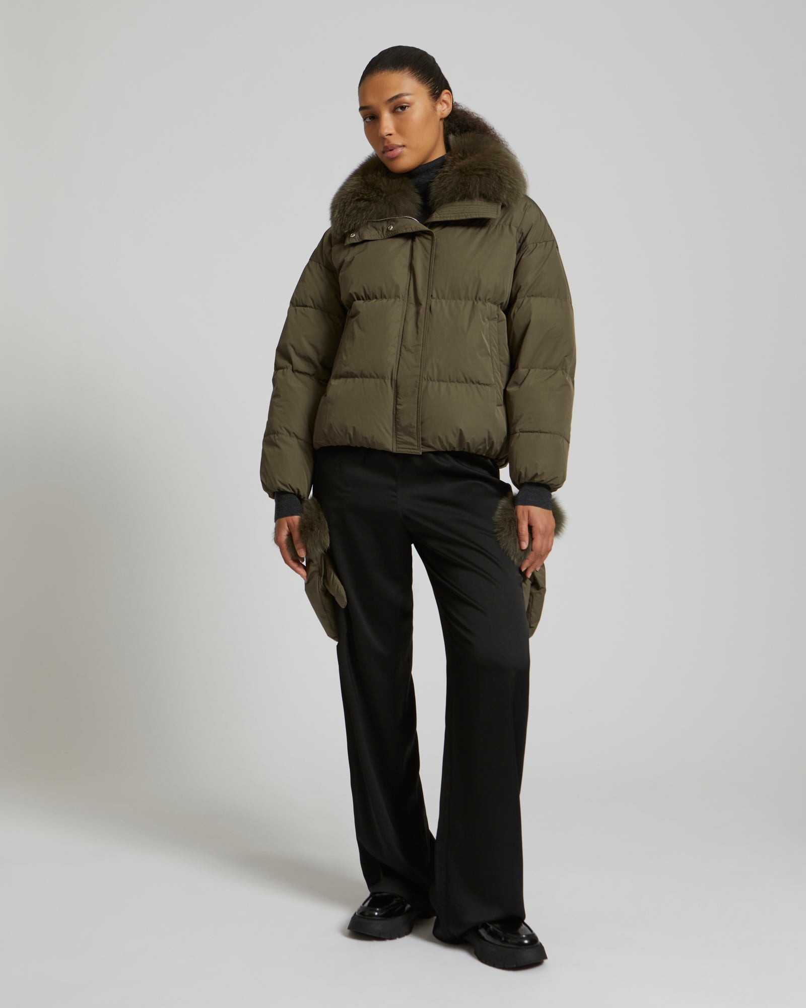 Boxy down jacket in waterproof technical fabric with fox fur collar -Yves Salomon