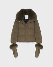 Boxy down jacket in waterproof technical fabric with fox fur collar