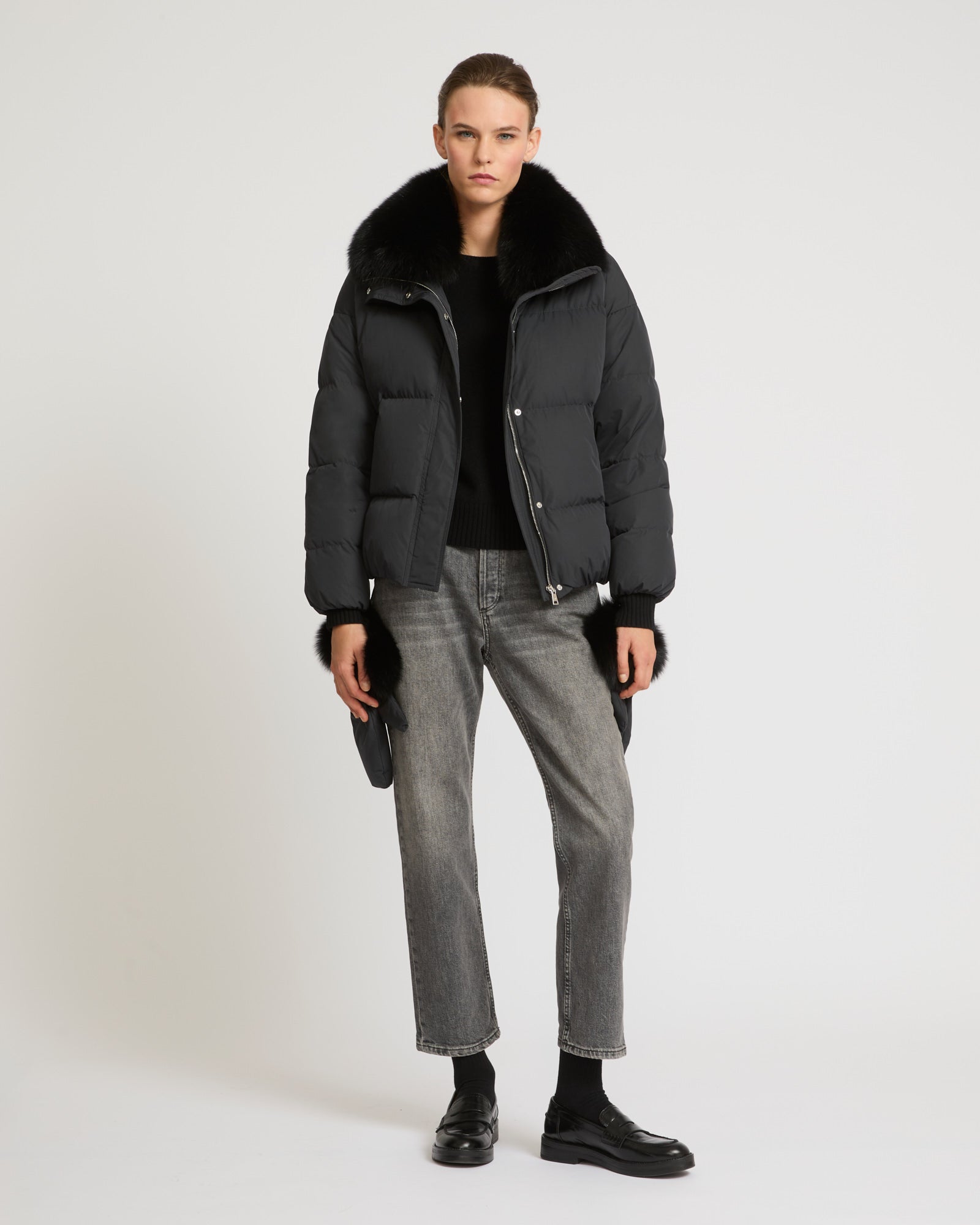 Boxy down jacket in waterproof technical fabric with fox fur collar - black - Yves Salomon