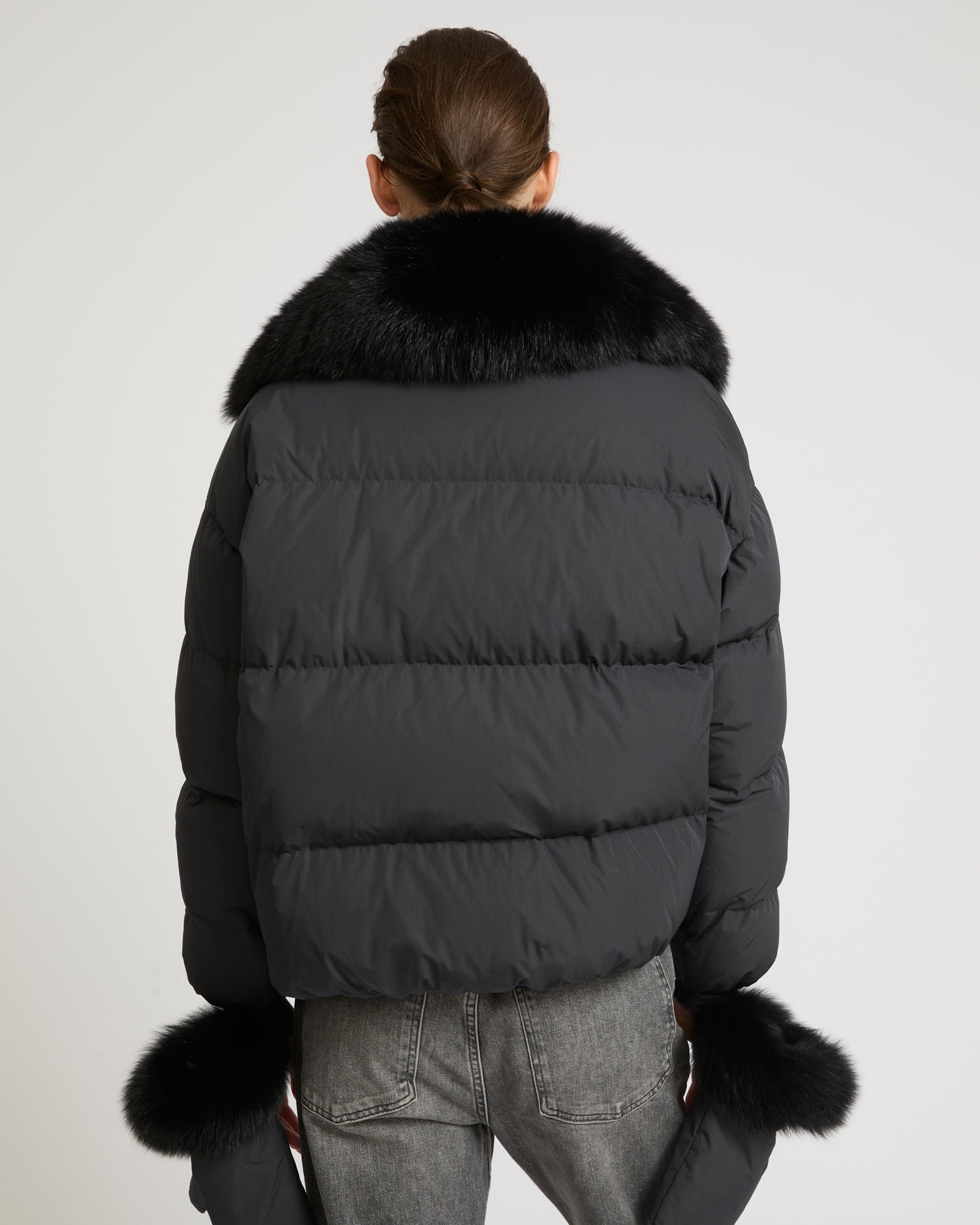 Boxy down jacket in waterproof technical fabric with fox fur collar - black - Yves Salomon