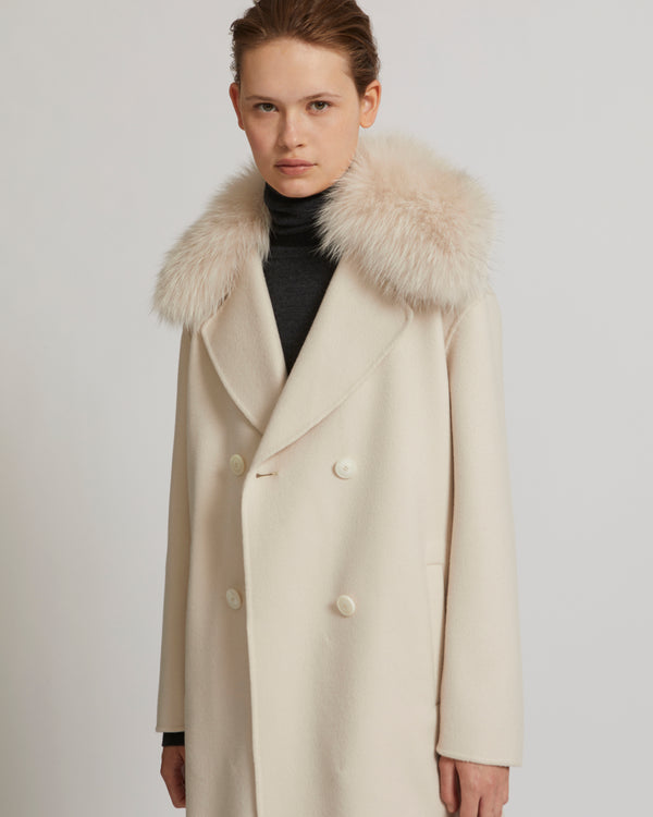 Cashmere wool peacot with fox fur collar - pinkish beige - Yves Salomon