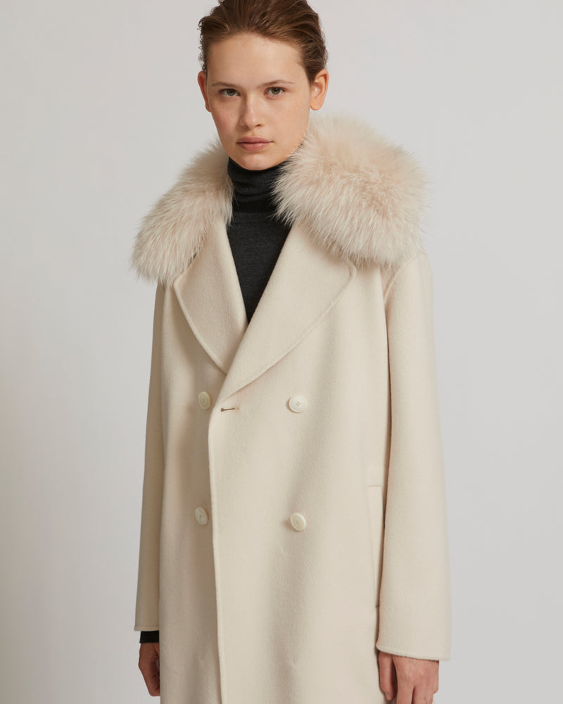 Cashmere wool peacot with fox fur collar pinkish beige Yves