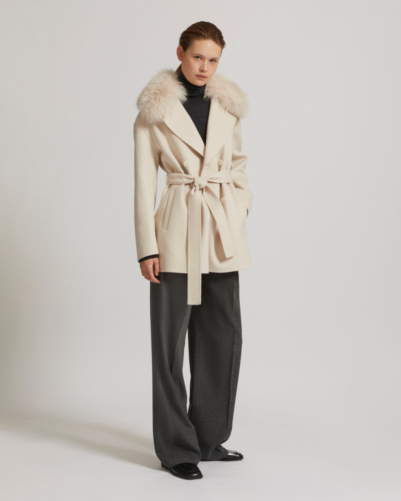 Cashmere wool peacot with fox fur collar - pinkish beige - Yves Salomon