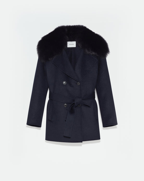 Cashmere wool peacot with fox fur collar - navy - Yves Salomon