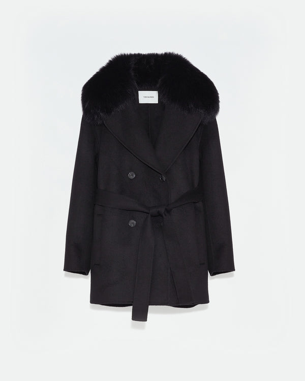 Cashmere wool peacot with fox fur collar - black - Yves Salomon