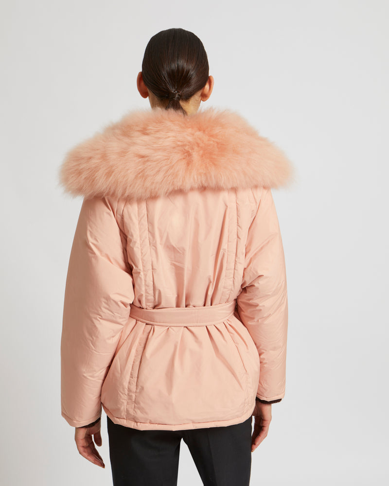 Oversized down jacket in waterproof technical fabric and long-haired lambskin