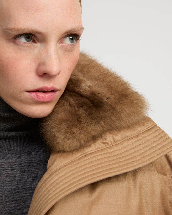Short down jacket made with Loro Piana flannel and sable fur
