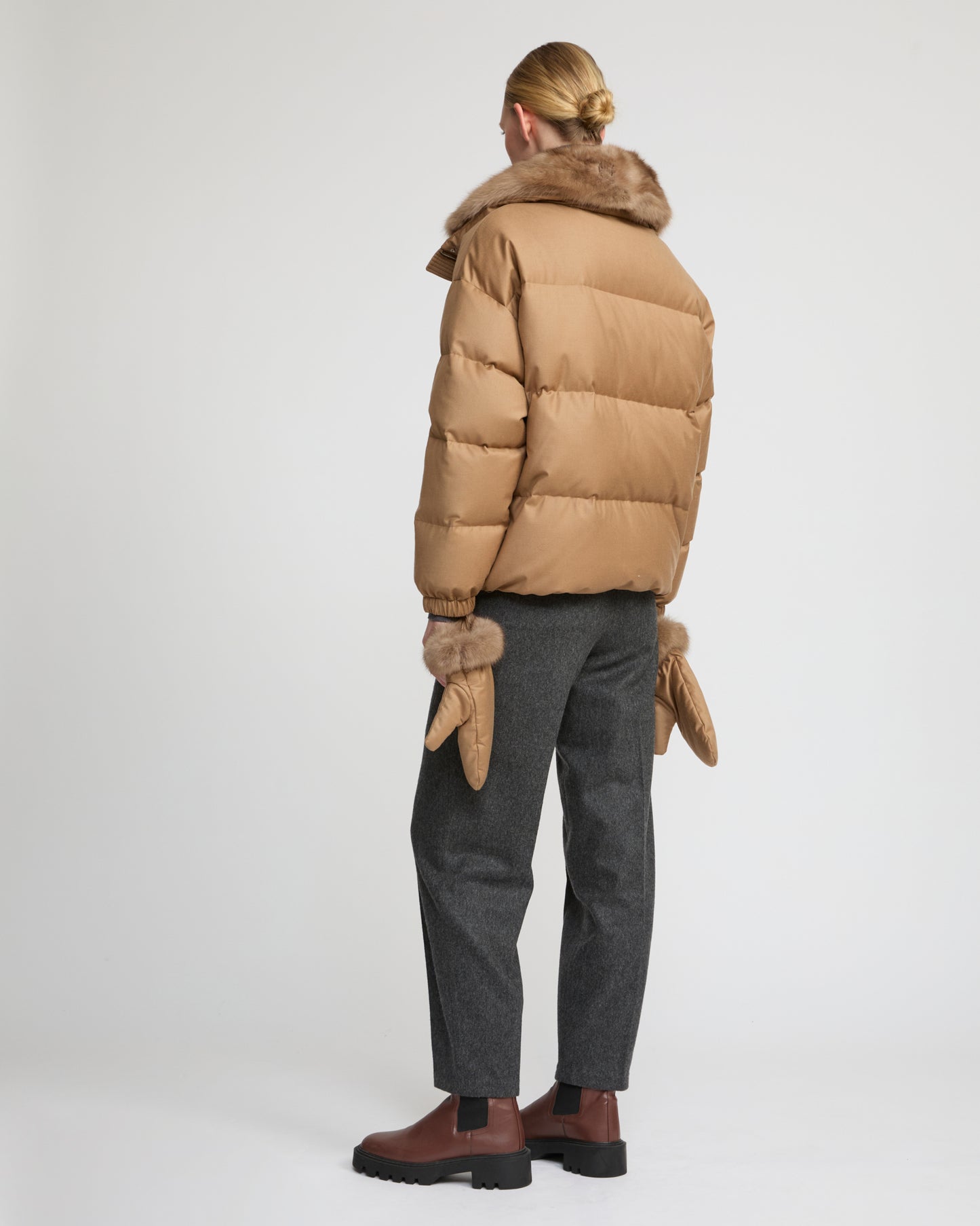 Short down jacket made with Loro Piana flannel and sable fur