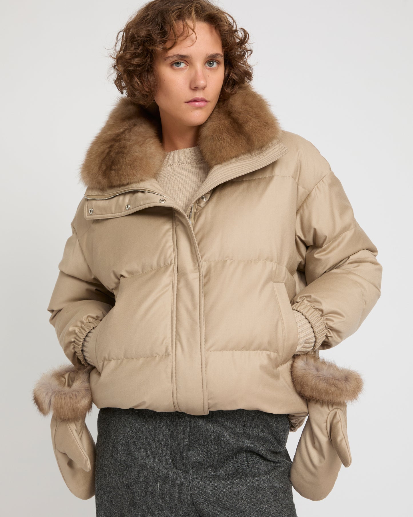Short down jacket made with Loro Piana flannel and sable fur -Yves Salomon