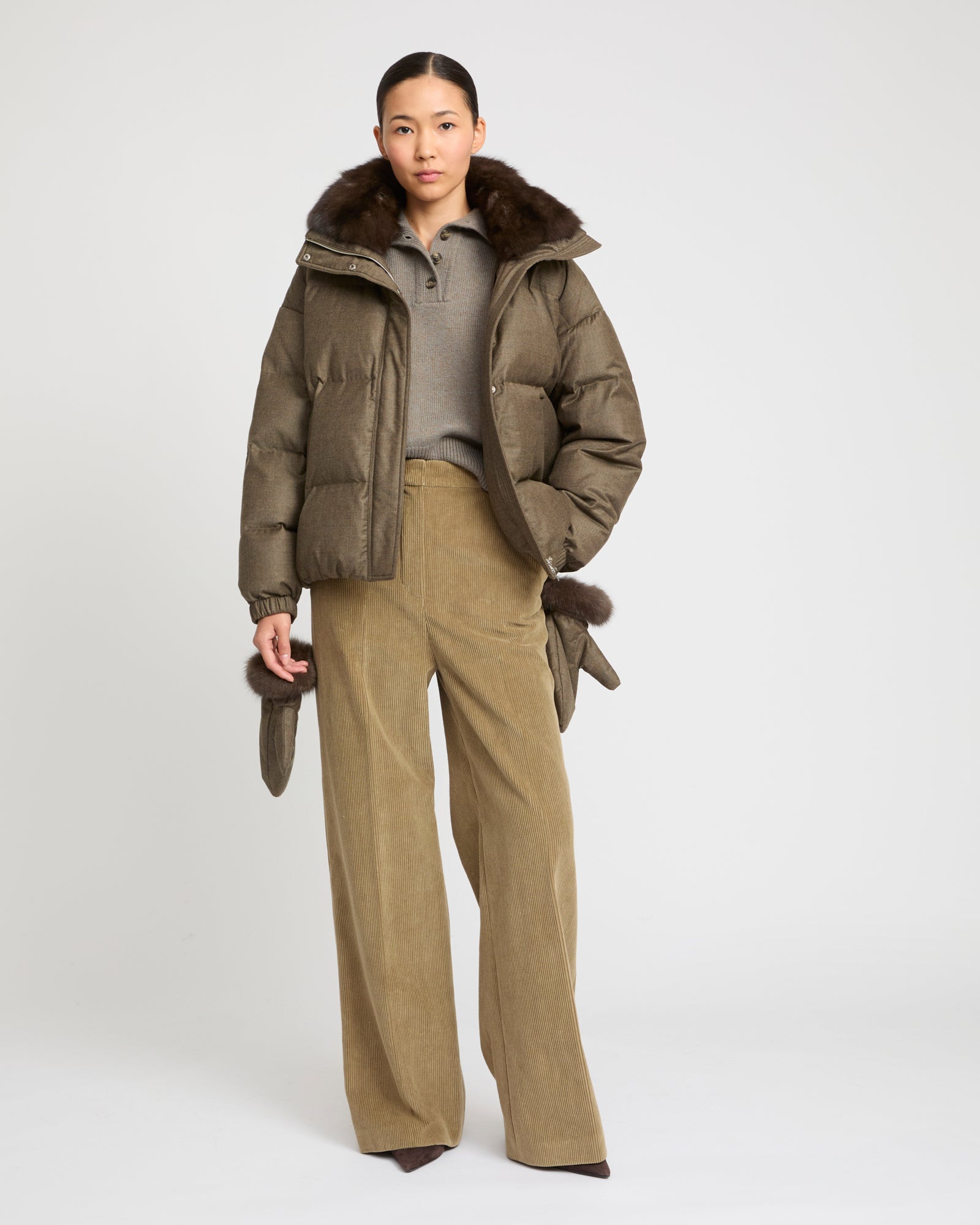 Short down jacket made with Loro Piana flannel and sable fur -Yves Salomon